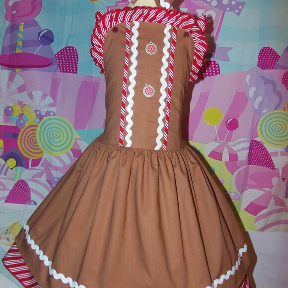 Gingerbread Cookies Christmas Party New Year Party Kids Girl Dress Apron Bow - Picture 7 of 7